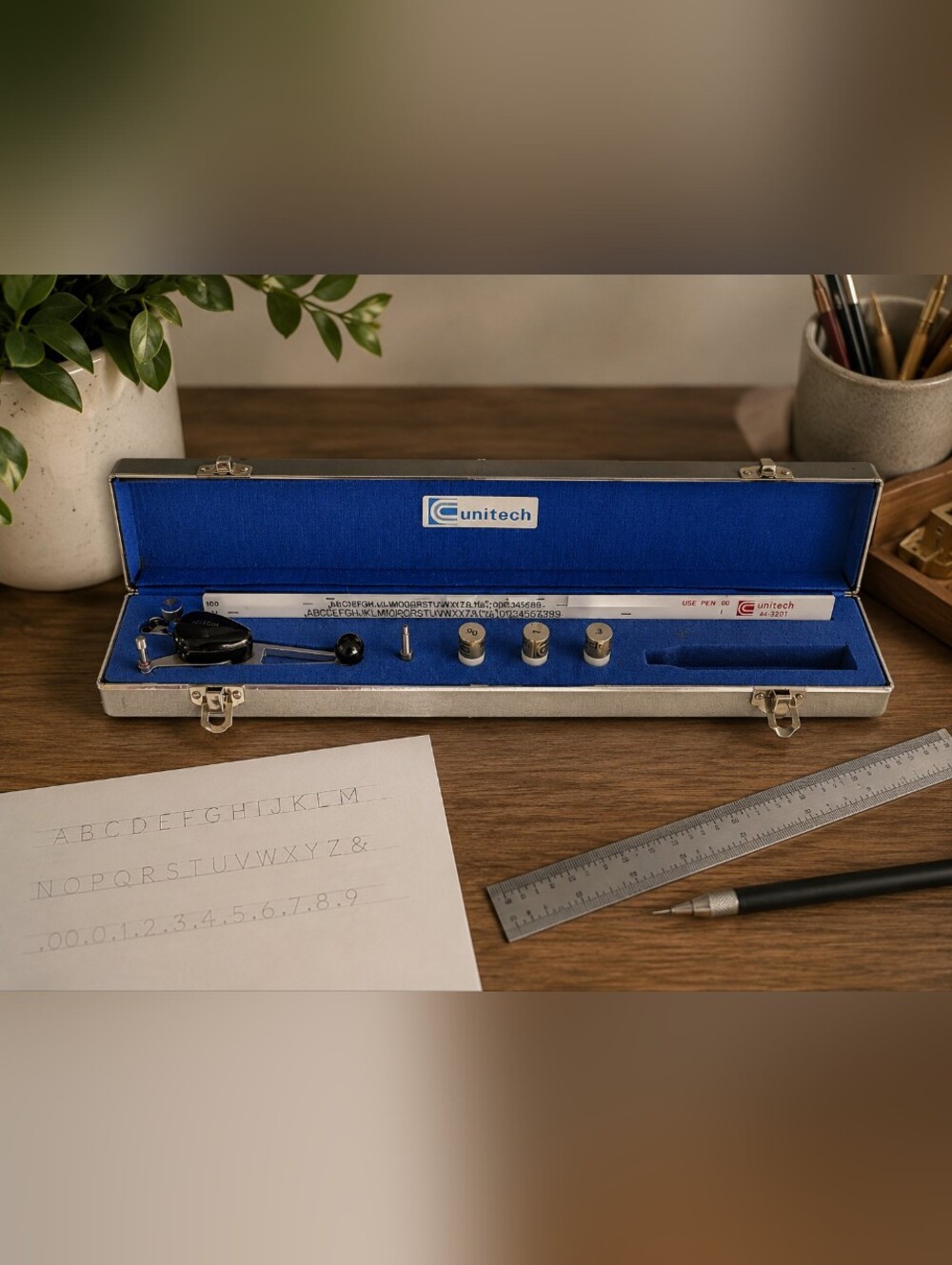 Vintage Unitech Drafting Lettering Kit Blue Case Technical Drawing Architect